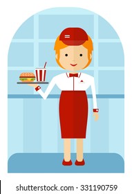 A Fast Food Employee Delivering A Burger And A Soda. Cartoon Flat Vector Illustration.