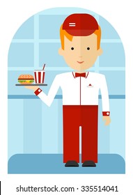 A Fast Food Employee Delivering A Burger And A Soda. Waiter In White Blouse Serving Coffee And Cheeseburger. Cartoon Flat Vector  Illustration.
