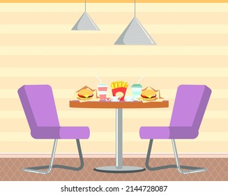 Fast Food Establishment. Restaurant In American Style Interior Design. Table With Junk Food And Cocktails. Empty Cafe With Set Table And Chairs. Summer Cafe With High-calorie Dishes And Drinks