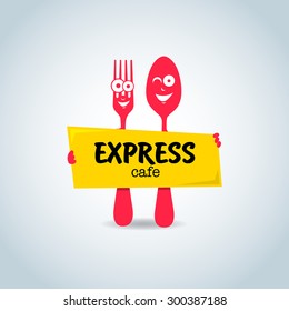 Fast food, express cafe logo template. Yellow and red color. Fork and spoon cartoon characters, food theme logotype vector template. 