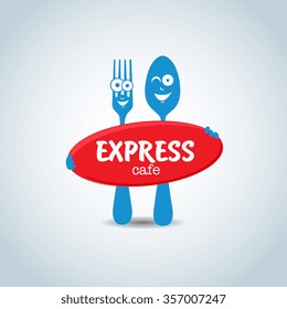 Fast food, express cafe logo template. Fork and spoon cartoon characters, food theme logotype vector template.