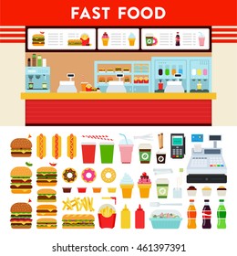 Imagen plana vectorial de Fast Food y Express Cafe. Está equipado con donuts, hamburguesas, helados, perritos calientes, café, cola para infografías web y publicidad de negocios. Aislado sobre fondo blanco.