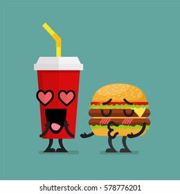 Fast food fall in love. Burger kissing soft dink character
