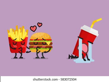 Fast food fall in love kissing with heartbroken soft drink character. Funny character