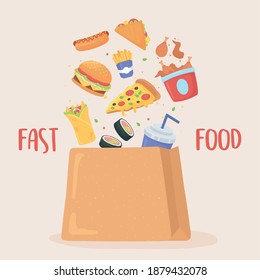 Fast Food, Falling In Paper Bag Pizza Burger Chicken Burrito Soda Vector Illustration