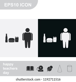 Fast food and fat man flat black and white vector icon.
