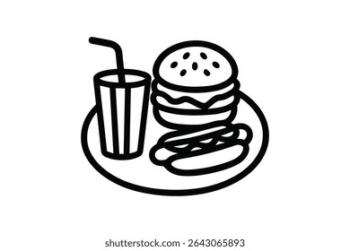 Fast Food Feast Vector Line Art Illustration Featuring Burger Hotdog and Drink on a Plate