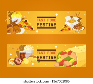 Fast food festive set of banners vector illustration. Eating out. Quick way to have meal. Pizza, taco, beverage, soda, french fries, chicken wings, chips, donut, popcorn, noodles.