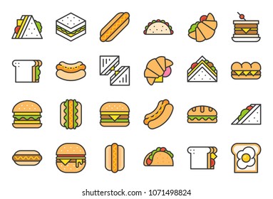 Fast food filled outline icon, such as  Burger and salad, eggs, grilled cheese sandwich, Mexican taco, croissant