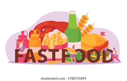 Composición plana de comida rápida con hombres gordos comiendo chips de hamburguesa salchichas kebab ilustración vectorial