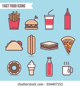 fast food flat design elements and icons set vector. Pizza, Hot Dog, Hamburger, Tacos, Ice cream, Cola and Donut