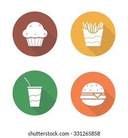 Fast food flat design icons set. Hamburger and french fries long shadow symbols. Soda drink with straw and muffin white silhouette illustrations. Unhealthy eating vector infographics elements