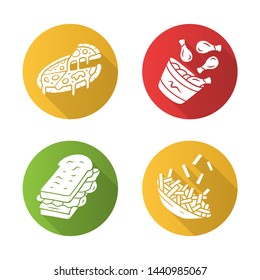 Fast food flat design long shadow glyph icons set. Pizza, french fries, chicken drumsticks, sandwich. Italian and American cuisine. Fat dishes. Vector silhouette illustration