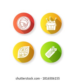 Fast food flat design long shadow glyph icons set. French crepe. Shawarma for take away. Georgian khachapuri. Tandoori chicken. Fried junk food for take out. Silhouette RGB color illustration