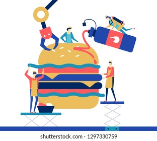 Fast food - flat design style colorful illustration on white background. High quality unusual composition with male, female characters, cooks preparing a big hamburger, adding sauce, ingredients