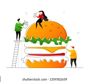 Fast food - flat design style colorful illustration on white background. High quality unusual composition with male, female characters eating French fries, drinking milkshake, a big hamburger image