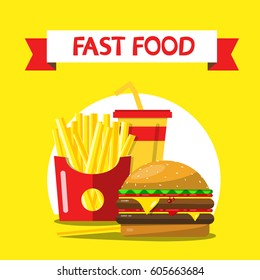 Fast Food Flat Design Vector Illustration on Yellow Background. French Fries, Hamburger and Drink.