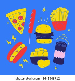 Fast food flat hand drawn illustrations set.  Colorful sketch of burger, nuggets, hot dog, pizza, sushi roll and sausage. Isolated cartoon fast food funky drawing.
