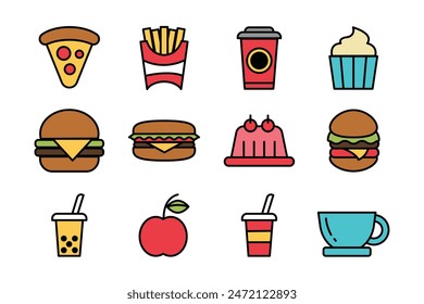 fast food flat icon set on background