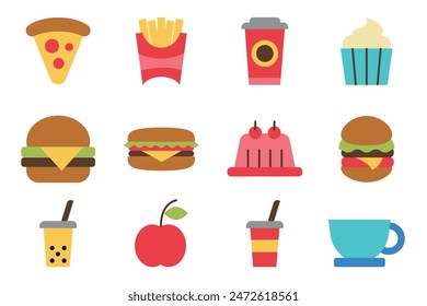 fast food flat icon set on background