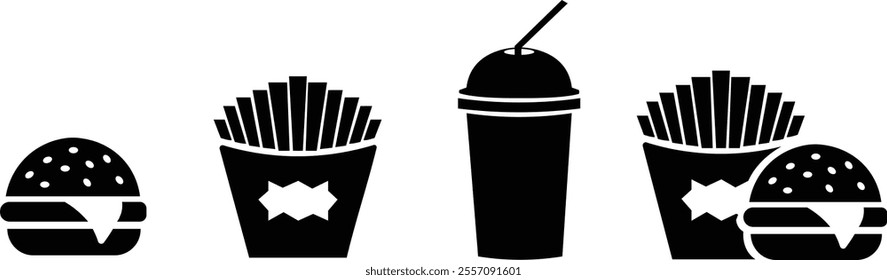 Fast food flat icon set. Burger combo lunch french fries sauce salad soup and drink vector collection isolated on transparent background. Thin signs for restaurant menu silhouette image clip art