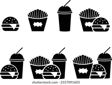 Fast food flat icon set. Burger combo lunch french fries sauce salad soup and drink vector collection isolated on transparent background. Thin signs for restaurant menu silhouette image clip art