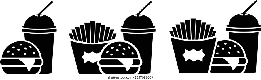 Fast food flat icon set. Burger combo lunch french fries sauce salad soup and drink vector collection isolated on transparent background. Thin signs for restaurant menu silhouette image clip art