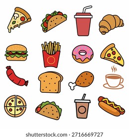 Conjunto de iconos planos de comida rápida