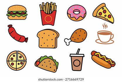 Conjunto de iconos planos de comida rápida