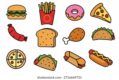 Conjunto de iconos planos de comida rápida