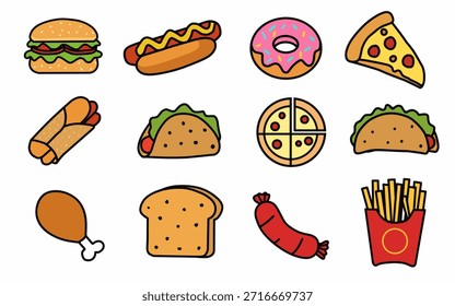 Conjunto de iconos planos de comida rápida