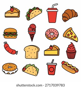 Conjunto de iconos planos de comida rápida