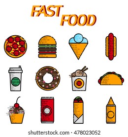 Fast food flat icon set