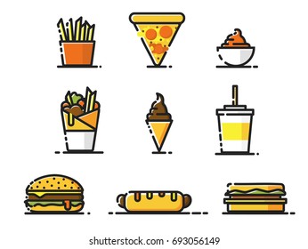 Fast food flat icon set. Simple, recognizable  and friendly vector illustrations