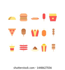 Fast food flat icon vector set.  Taco, hamburger, hot dog, sausage, french fries, pizza, ice pop, bucket of fried chicken, meatball, soda, ice cream, popcorn, barbecue.