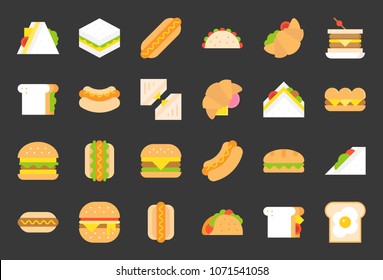 Iconos planos de comida rápida, hot dog, cheeseburger, taco, sandwich de ensalada, croissant