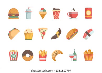 Fast food flat icons. Sandwich burger cold drinks ice cream pizza hamburger vector food menu symbols