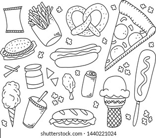 Fast food flat icons. Sandwich burger cold drinks ice cream pizza hamburger vector food menu symbols. 