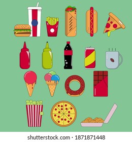 Fast food flat icons set on isolated background