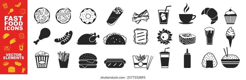 Fast food flat icons set on transparent background. Burger, fries, sandwich, hotdog, chicken, pizza. Meal and beverage outline vector sign collection