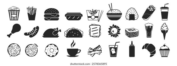 Fast food flat icons set on transparent background. Burger, fries, sandwich, hotdog, chicken, pizza. Meal and beverage outline vector sign collection