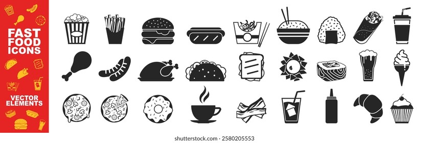 Fast food flat icons set on transparent background. Burger, fries, sandwich, hotdog, chicken, pizza. Meal and beverage outline vector sign collection