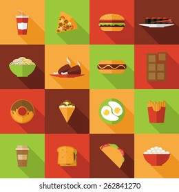 Fast food flat icons set with burger chicken chocolate noodles isolated vector illustration