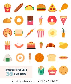 Fast food flat icons set. Vector illustration of french fries, burger, pizza, fried chicken, popcorn, sandwich, kebab, smoothie, milkshake, cake and other restaurant menu items.