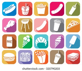 Fast food flat icons set (hamburger, pizza, hot dog, juice, fried chicken legs, barbecue grill, sausage, ice cream, pancake, popcorn, coffee, french fries, sandwich, croissant)