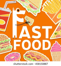 Fast food flat icons set. Elements on the theme of the restaurant business. Ice cream, hot dog, french fries, soda cup, pizza slice, burger, sandwich and donut. Clipping mask with a group of objects.