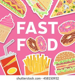 Fast food flat icons set. Elements on the theme of the restaurant business. Ice cream, hot dog, french fries, soda cup, pizza slice, burger, sandwich and donut. Clipping mask with a group of objects.