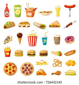 Fast food flat icons set. Vector isolated cheeseburger burger, hot dog sandwich and pizza, donut or popcorn dessert and coffee drink, cake or burrito and tacos or ice cream and fries for fastfood menu