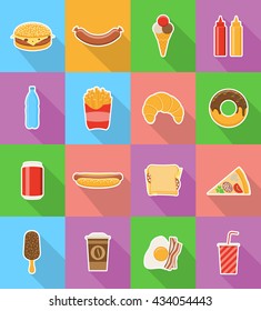 fast food flat icons with the shadow vector illustration isolated on background