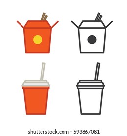 Fast food flat icons. Wok box and soda.